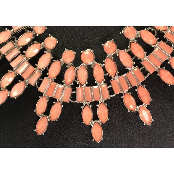 Peach Rhinestone Egyptian Revival Statement Bib Necklace Silver Tone Cleopatra - Picture 3 of 4